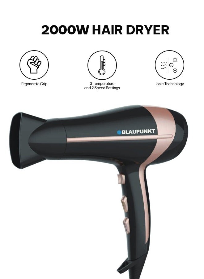 Blaupunkt 2000W Hair Dryer With Ionic Function, 3 Heat And 2 Speed Settings, Cool Shot Button, Diffuser And Concentrator Attachments, Lightweight Design For Fast Drying And Frizz Control – SDL425BK - Image 1